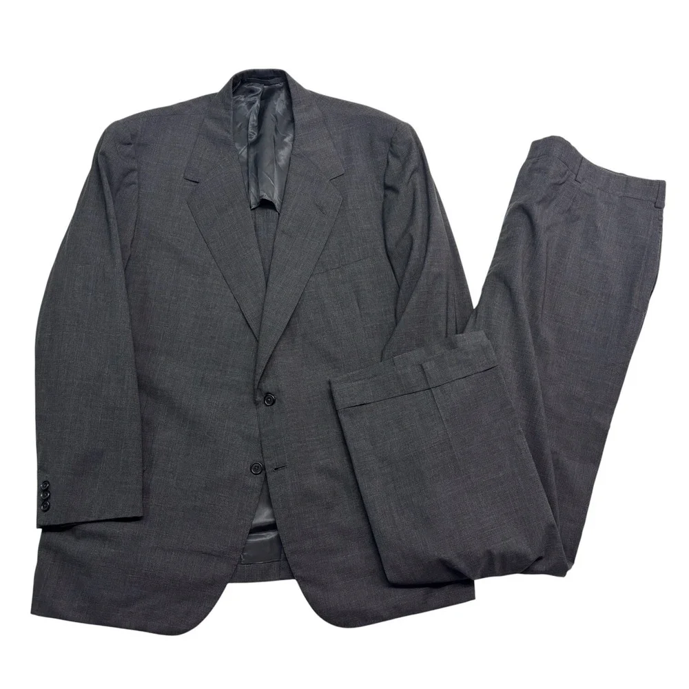 vtg 90s Oxxford Clothes 48R 40x31 Charcoal Plaid 2pc Pant Suit Bespoke USA Wool